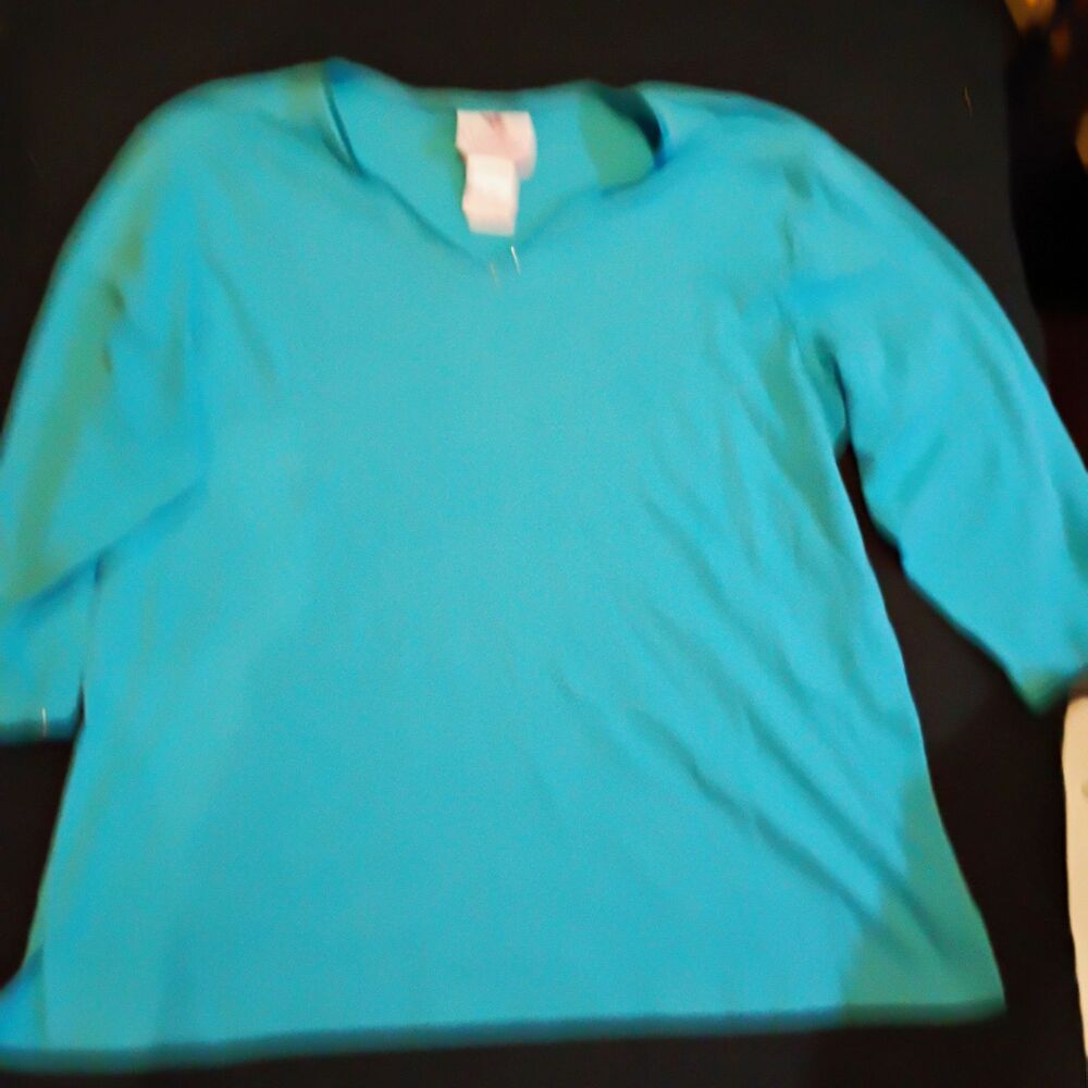 Quacker Factory Women's L Blue V-Neck 3/4 Sleeve Cotton Knit Sequin Top